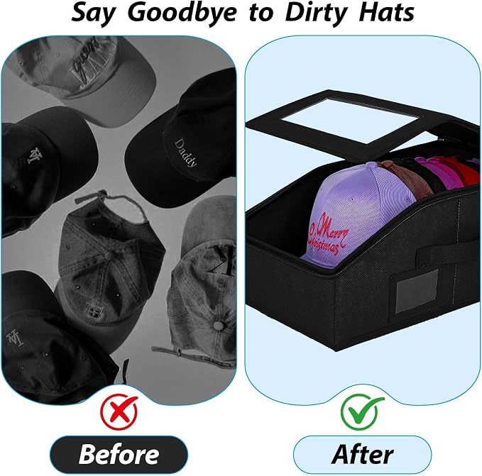 Hat Storage for Caps, 2-Pack Stackable Hat Organizer Boxes, Black | Sturdy snapback hat organizer holds up to 24 caps. Clear window design. Space-saving stackable storage box for closet.
