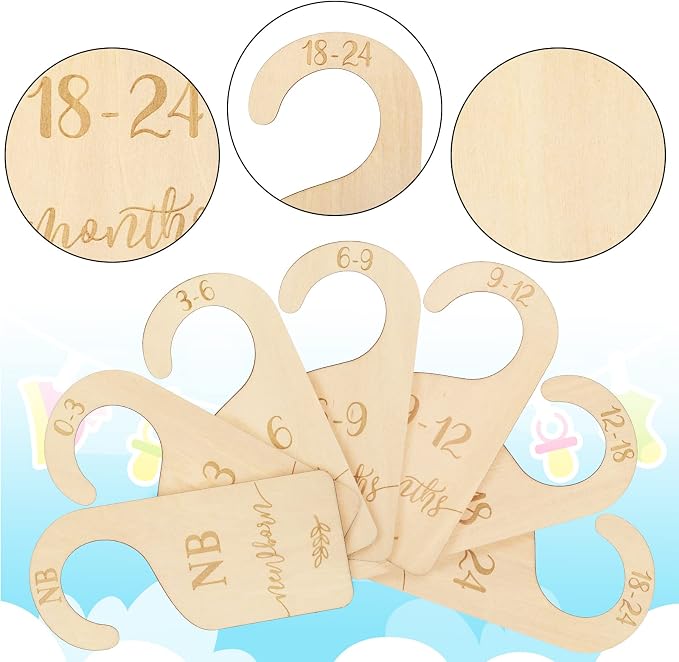 Whaline Wooden Baby Closet Size Dividers Set of 7 Wardrobe Hanger Organizer from Newborn to 24 Month Nursery Decor Dividers with Blue Velvet Bag Design for Home Nursery Infant Baby Clothes