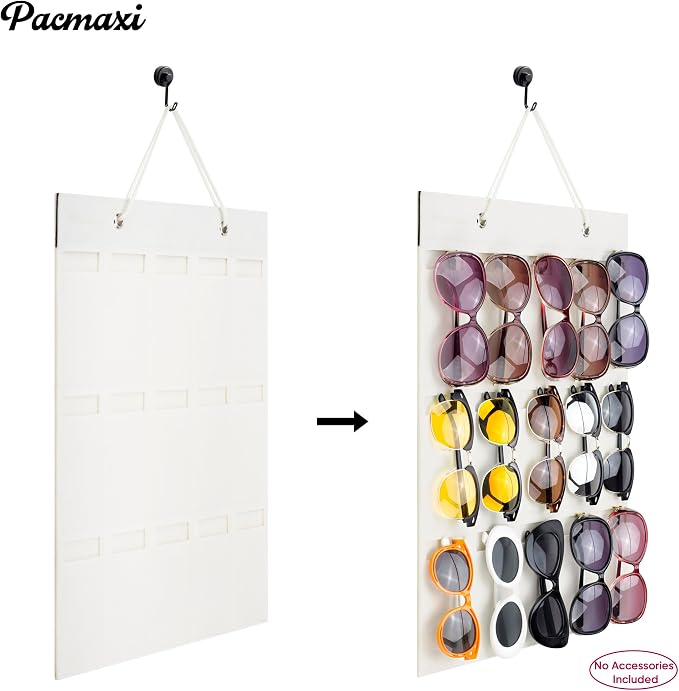 PACMAXI Sunglasses Storage Organizer, Wall Pocket Mounted by Sunglasses, Hanging Eyeglasses Storage Holder, Eyewear Display. (Ivory white, 15 Slot)