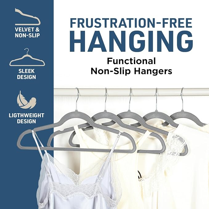 Lifemaster Velvet Non-Slip Hangers - 100 Pieces Non-slip Coat Hanger Set with 360° Swivel Hook, Space-Saving, Sleek Design, Keep Closet Organized, Smooth Velvet Finish, Lightweight Construction - Gray