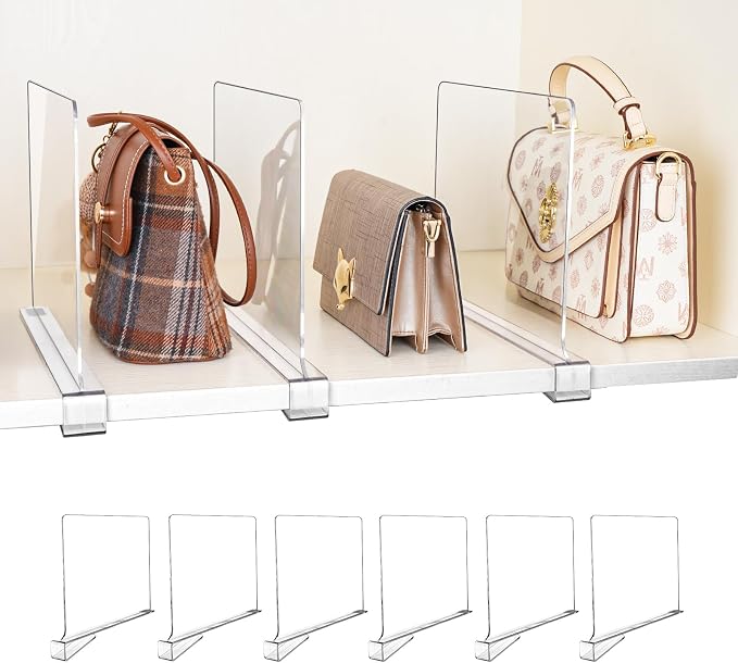 6 Pack Shelf Dividers, Adjustable Shelf Dividers for Closet Organization with Non-Slip Design, Clear Acrylic Shelf Dividers for Clothes, Handbags, Purses, Towels, Bookshelf in Home Organization