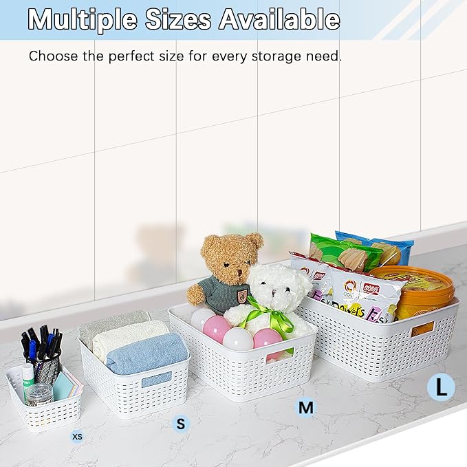 Soddeph Plastic Storage Baskets for Cabinets, Household Pantry Organization with Handle,Organizer Bins for Room,Bathrooms,Under-Sink,Kitchen (White, XS-3PACK)