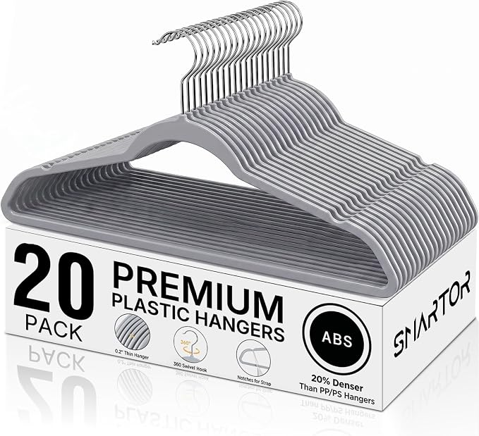 SMARTOR Plastic Hangers 20 Pack - Thin Hangers for Space Saving - Gray | Heavy Duty for 11Lbs Clothes, Swivel Hook, Non Slip Notches for Camisole, 0.2" Thin for Small Closet, Durable and Flexible