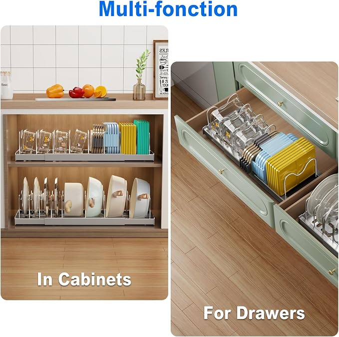 Mustorn 2 Pack Pots and Pans Organizer Under Cabinet, 22" Expandable Food Storage Container Lid Organizers with 9 Adjustable Dividers Pot and Pan Lid Holders Rack Inside Cabinet/Countertop(Gray)