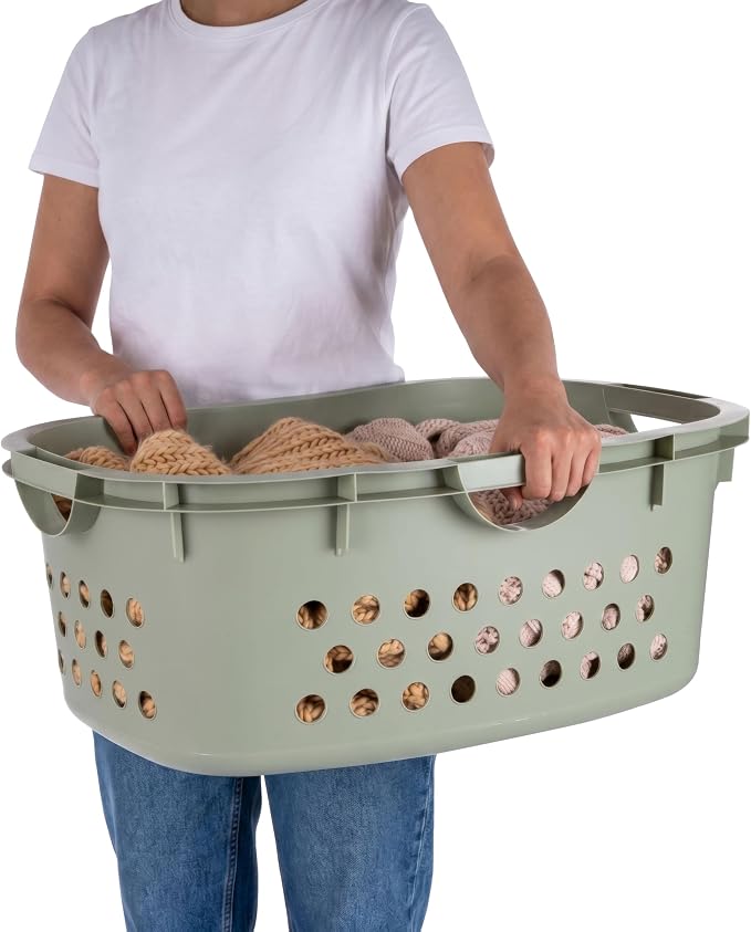 IRIS USA 51L Plastic Hip Hold Laundry Basket with Built-In Comfort Carry Handles 4-Pack, 1.5 Bushel, Clothes Hamper, Laundry Hamper, Ventilation Holes, for Closet Dorm Laundry Room Bedroom, Sage Green