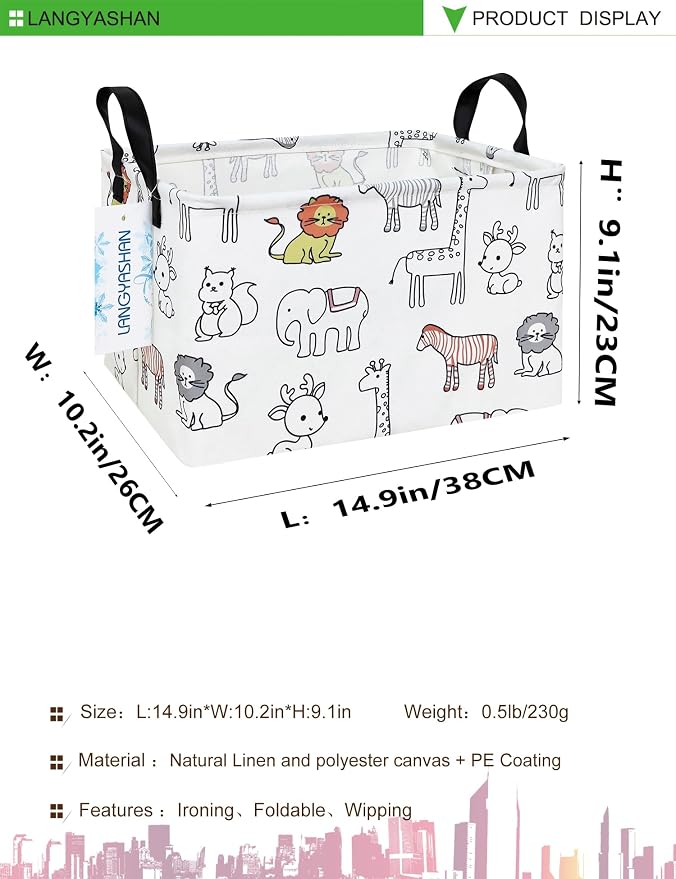 Rectangular Collapsible Simplified Zoo Storage Basket Nursery Organizer | Storage Bin Foldable Canvas with Handles for Organizing Home Kitchen Children Toys Office Closet Shelf Baskets