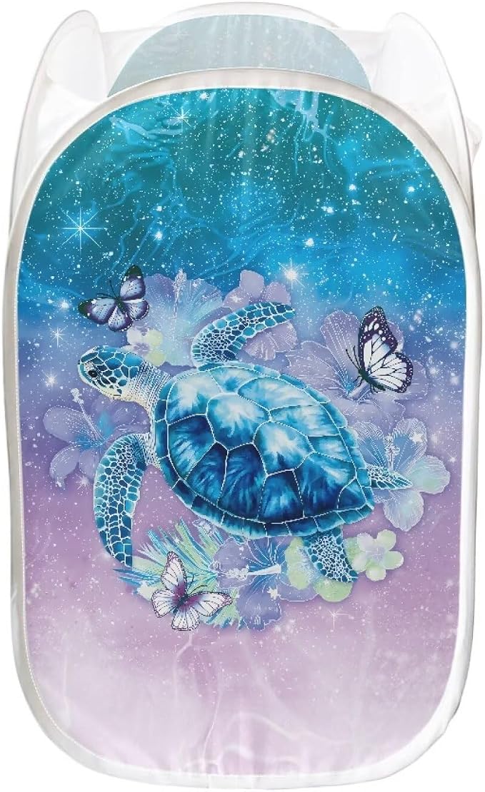 AFPANQZ Mesh Pop-up Laundry Hamper Collapsible Laundry Baskets with Side Pocket, Turtle Butterfly Steel Frame Foldable for Clothes Storage 61L, 13.5x13.5x21 inches