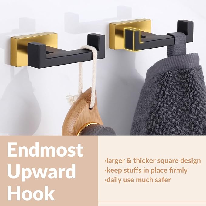APLusee Double Bath Towel Hook 2 Pack, Solid Stainless Steel Square Dual Coat Holder, Modern Bathroom Kitchen Storage Hanger Wall Mounted, Black & Gold