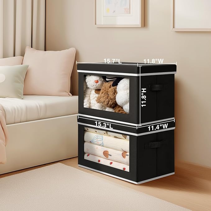 Homsorout Large Storage Baskets Bins with Lids - Stackable Cube Bins for Closet, 3 Pack Black Windows Organizer Bins, Home Organizers and Storage for Clothes, CD, Towels