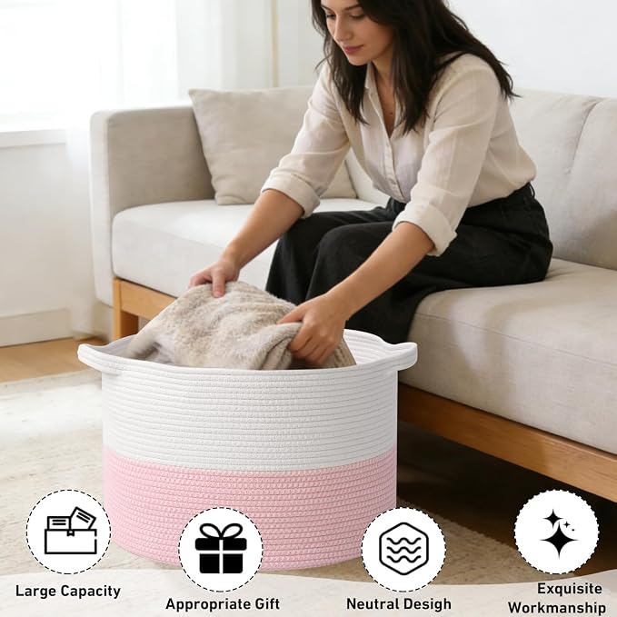 65L Large Pink Woven Cotton Rope Basket with Handles, Kids Nursery Laundry Hamper for Toys, Blankets, Pillows & Comforters, Cute Storage Bin for Bedroom & Playroom