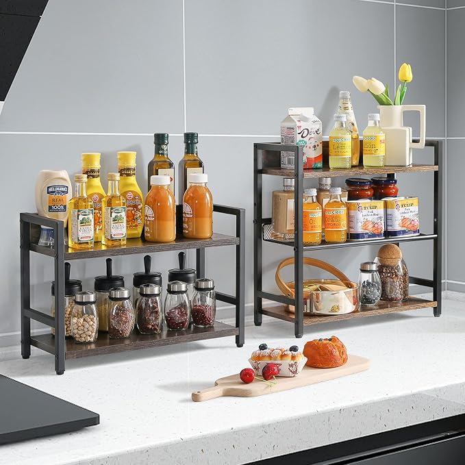 IBUYKE 3-Tier Spice Rack Industrial Counter Shelf Desktop Storage Organizer Standing Seasoning Rack for Countertop Kitchen Office Living Room Desktop Rustic Brown UTLJ021H