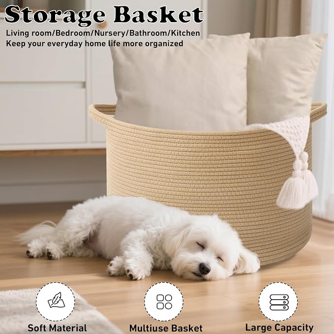 90L Extra Large Blanket Basket,Woven Rope Laundry Basket Hamper with Handles, Decorative Nursery Basket Storage Bin for Toys, Clothes Organizer, Living Room, Bedroom, Bathroom, Camel