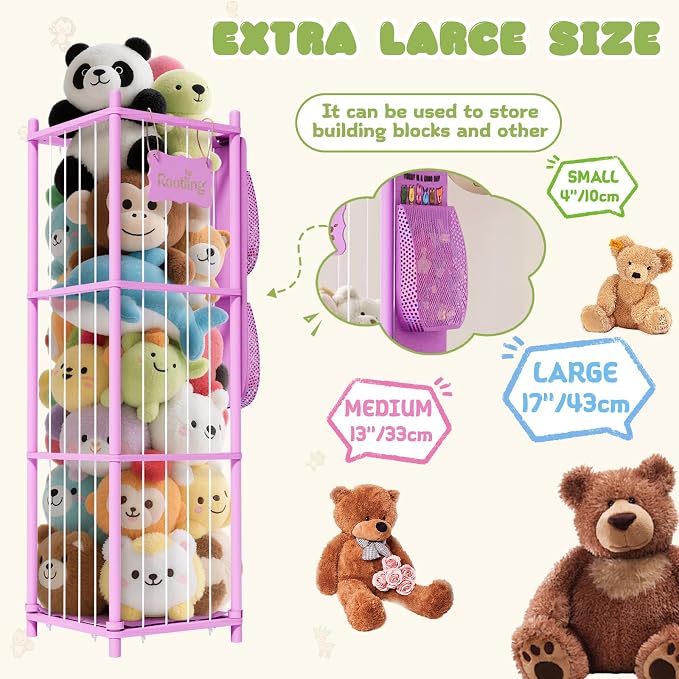 Stuffed Animal Storage & Organizer, 54 inch Tall Wooden Cute Zoo Toy Holder w/Building Block Storage Bag, Premium Wooden Material with Elastic Cord for Toddler Rooms, Playrooms (Pink, Large)