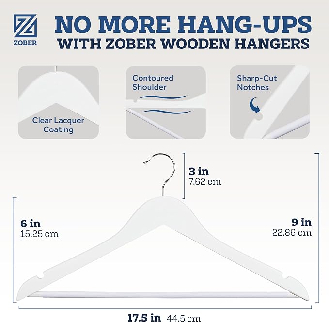 ZOBER White Wooden Hangers - Heavy Duty, Non Slip Wood Hangers for Coats, Jackets, Suits, & Pants - Coat Hangers for Closet W/Bar and Notches 20 Pack (White, 20 Pack)