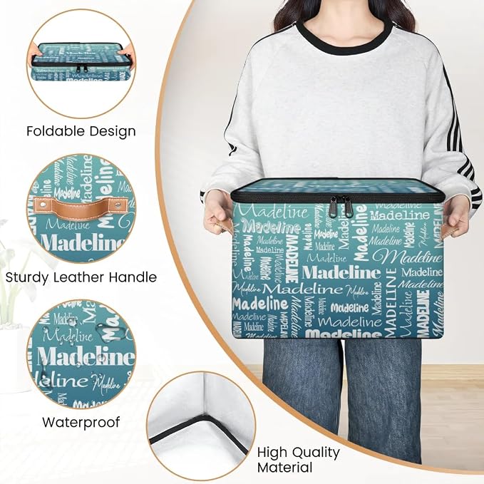 Custom Storage Basket with Name, Personalized Keepsake Box with Zipper Lid, Foldable Fabric Memory Bin Large capacity with Handle Gradient Grey Green