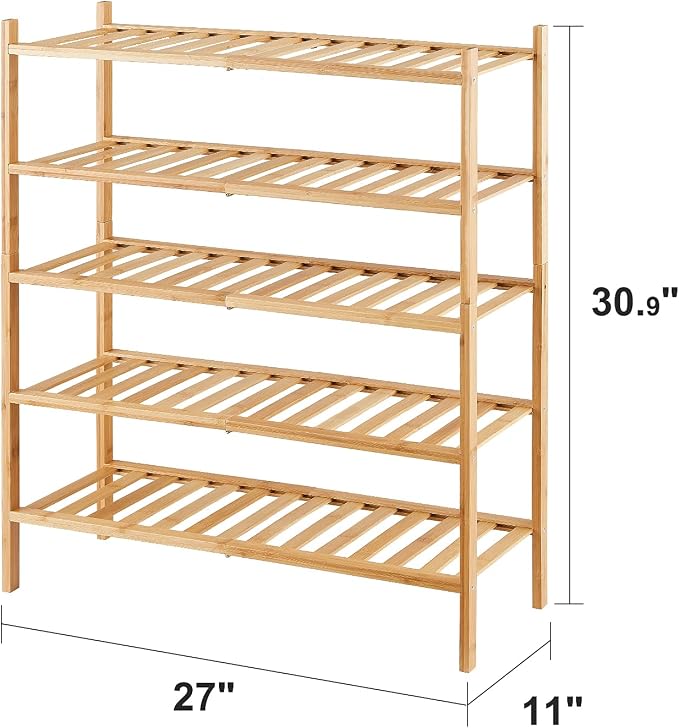 viewcare 5-Tier Bamboo Shoe Rack for Entryway, Stackable | Foldable | Natural, Shoe Organizer for Hallway Closet, Standing Shoe Racks for Indoor Outdoor