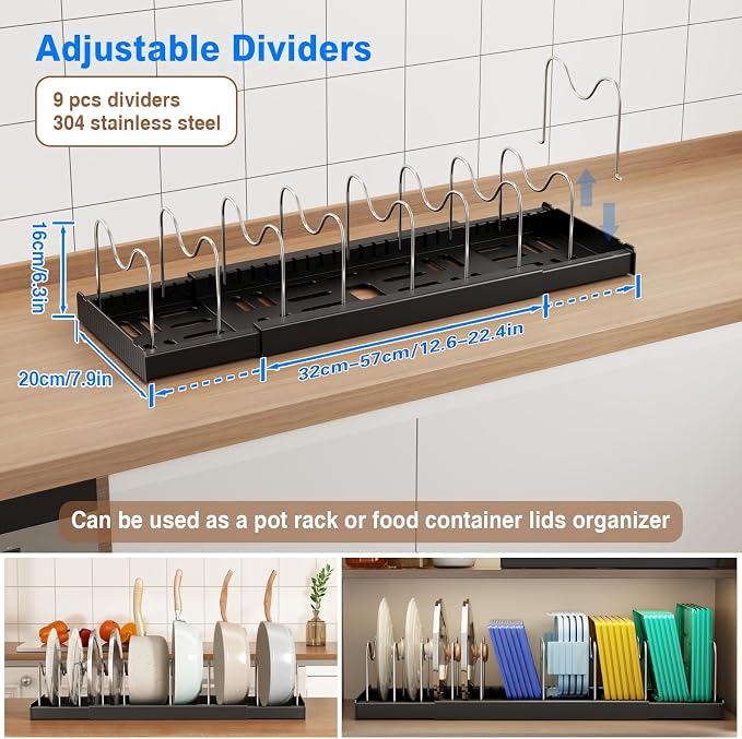Mustorn Pots and Pans Organizer Under Cabinet, 22" Expandable Food Storage Container Lid Organizers with 9 Adjustable Dividers Pot and Pan Lid Holders Rack Inside Cabinet/Countertop(1 Pack, Black)