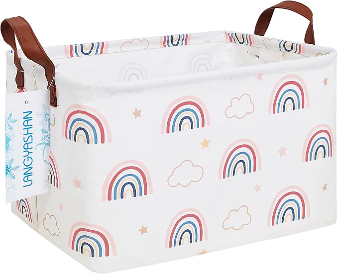 Rectangular Collapsible Cloud Rainbow Storage Basket Nursery Organizer | Storage Bin Foldable Canvas with Handles for Organizing Home Kitchen Children Toys Office Closet Shelf Baskets