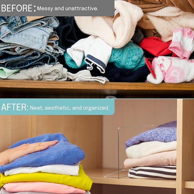 OKPOW Shelf Dividers for Closet Organization – Keep Sweaters & Purses Upright, Clear Acrylic Separators for Most Wood Shelves & Pantry, Damage-Free, Sturdy & Tall (10" x 12", 4 Pack)