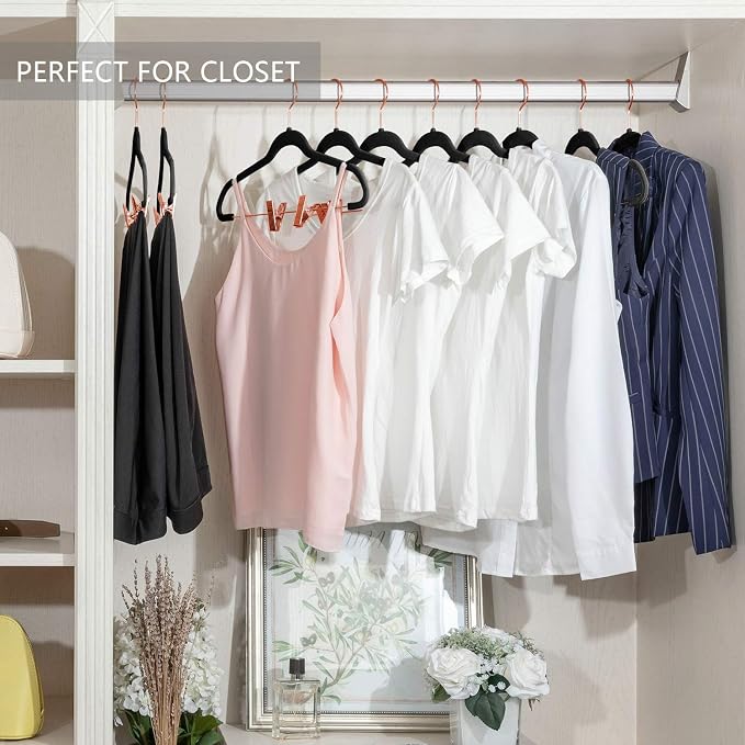 MIZGI Premium Velvet Pants Hangers with Clips (Pack of 20) Slim Skirt Hangers- Non Slip Felt Outfit Dress Hangers Black - Copper/Rose Gold Hooks,Space Saving Shirt Clothes Hangers