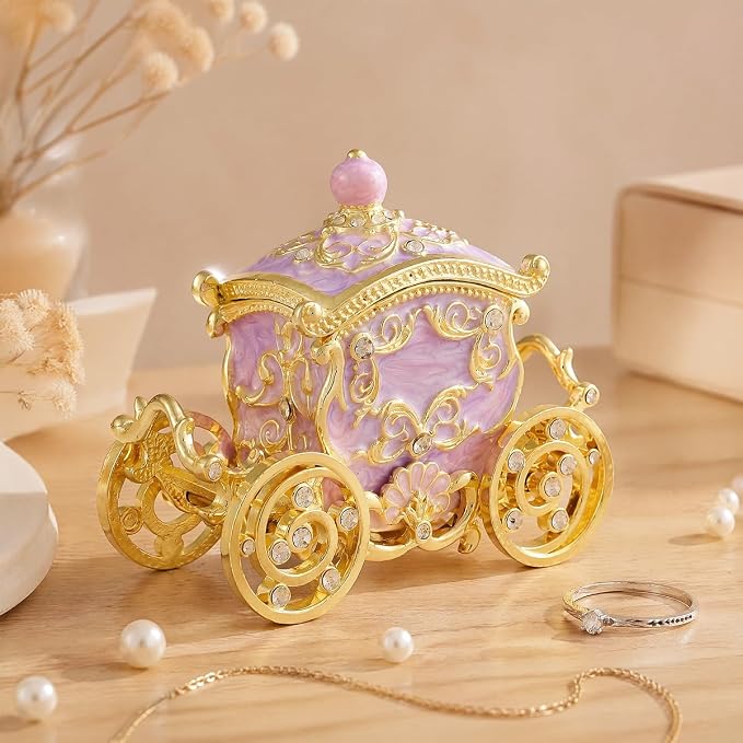 Retro Carriage Jewelry Trinket Box Enamel Ring Hold Boxes Hand-Painted Vintage Ornaments Craft Gift for Women Girls (Purple)