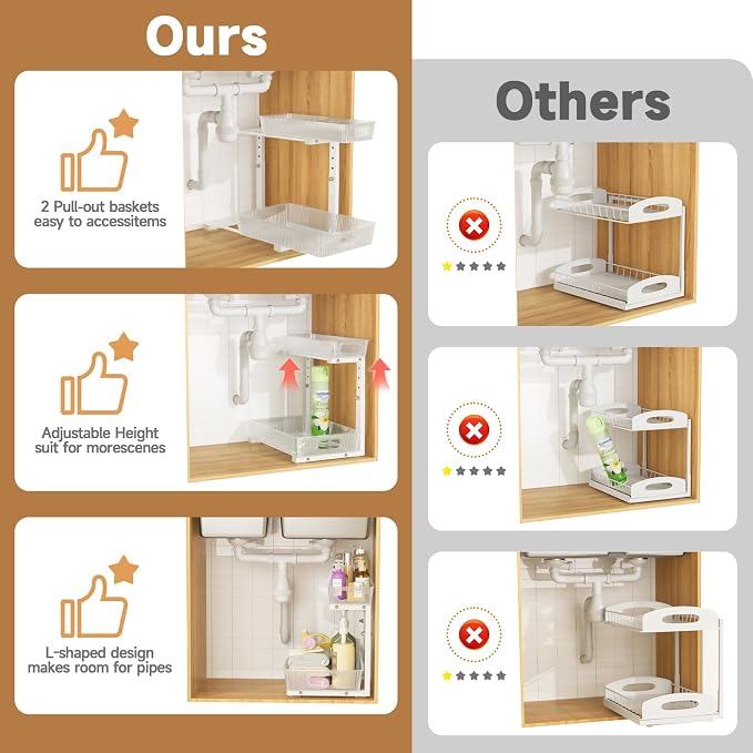 ETOYA 2 Pack Under Sink Organizer Kitchen, 2-Tier Pull Out Cabinet Organizer, L-Shaped Adjustable Height, Acrylic Under Sink Storage Shelf for Kitchen, Bathroom Vanity & Utility Closet