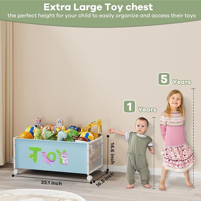 Large Toy Box with Wheels, 120L Toy Boxes for Extra Large Metal & Oxford Cloth Toy Chest Toy Organizer with Wooden Handle for Bedroom, Living Room Area, Stuffed Toys, Clothes(Blue, 1PC)