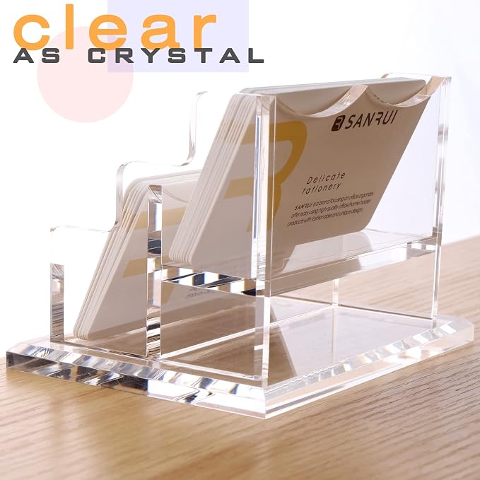 SANRUI Clear Horizontal Business Card Holder Stand for Desk, Acrylic Desktop Display Name Cards Holders Organizer Storage Rack,for Exhibition, Home, Office,2 Tier 2 Pocket, 120 Card Capacity