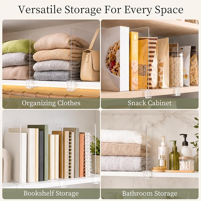 SortNStore Shelf Dividers Purse Organizer for Closet: 6-inch Tall(Shorter Version) Acrylic Handbag Organizer - Small Space Separator for Clutches Evening Bags Pouches Mini-Bags on Wood Shelves 6-Pack