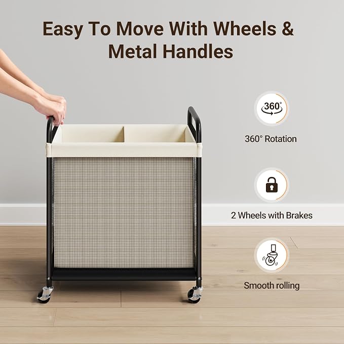ELYKEN Laundry Hamper 2 Section, 100L Rolling Laundry Sorter with Removable Liner Bag, Laundry Basket with Wheels, Steel Frame with Metal Handle, Clothes Hamper Cart for Laundry Room & Bedroom