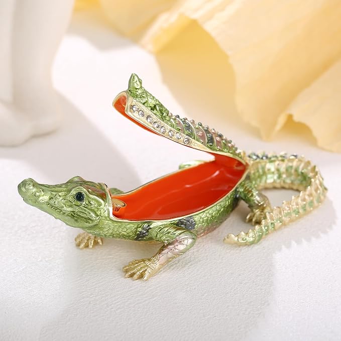 Hand Painted Animal Trinket Box for Home Decor, Hinged Jewelry Organizer Storage, Unique Personalized Collectible Keepsake Figurine Handmade Decorative Ornament Gifts (Crocodile)