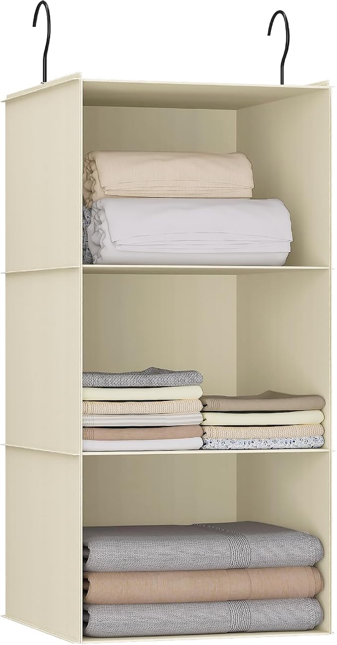 Hanging Closet Organizer 3-Shelf, Oxford Fabric Wardrobe Storage, Beige | Easy-mount foldable design holds clothes, handbags, shoes & accessories; washable Oxford fabric, sturdy and space-saving.