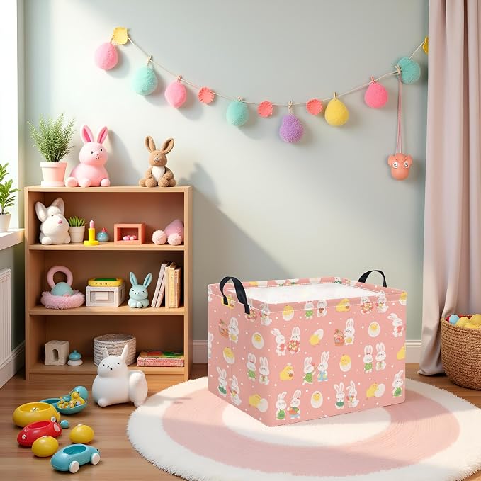 Rectangular Easter Basket for Home Kitchen Baby Girls Basket Cute Storage Bin Organizer Shelf Book Room Decor(Pink Cute Bunny)