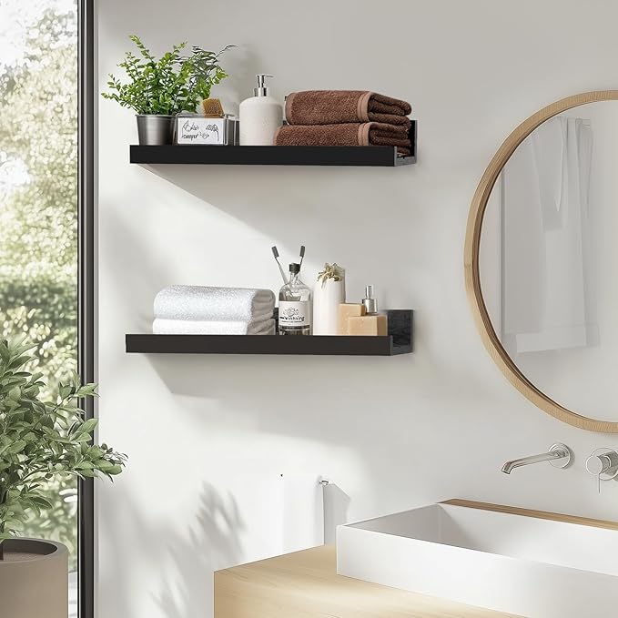 Muzilife 35.4" Large Floating Shelves Wood Wall Shelf with Lip, 2Pcs, Black | FSC-Certified Wood | 20 lbs Capacity | Space-Saving | Hanging Shelf | Wall Decor| Bedroom,Living Room,Bathroom,Kitchen,Office