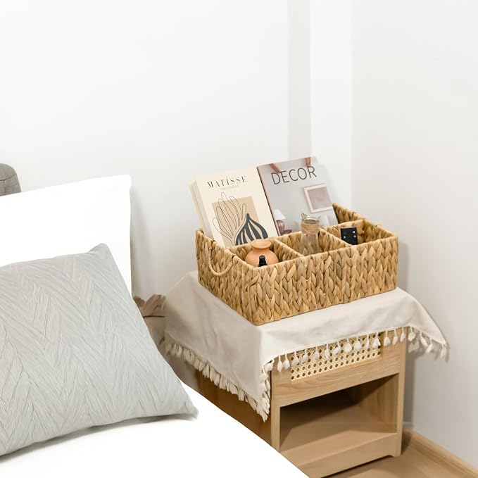 KOKODO Divided Storage Basket Woven Natural Basket Hyacinth for Organizing Bathroom Kitchen Shelves Office Supplies Organization Everyday Wicker Storage Baskets 4 Section Rectangular Tray