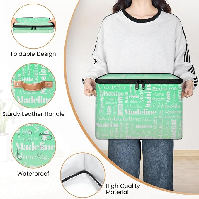 Custom Storage Basket with Name, Personalized Keepsake Box with Zipper Lid, Foldable Fabric Memory Bin Large capacity with Handle Green Gradient