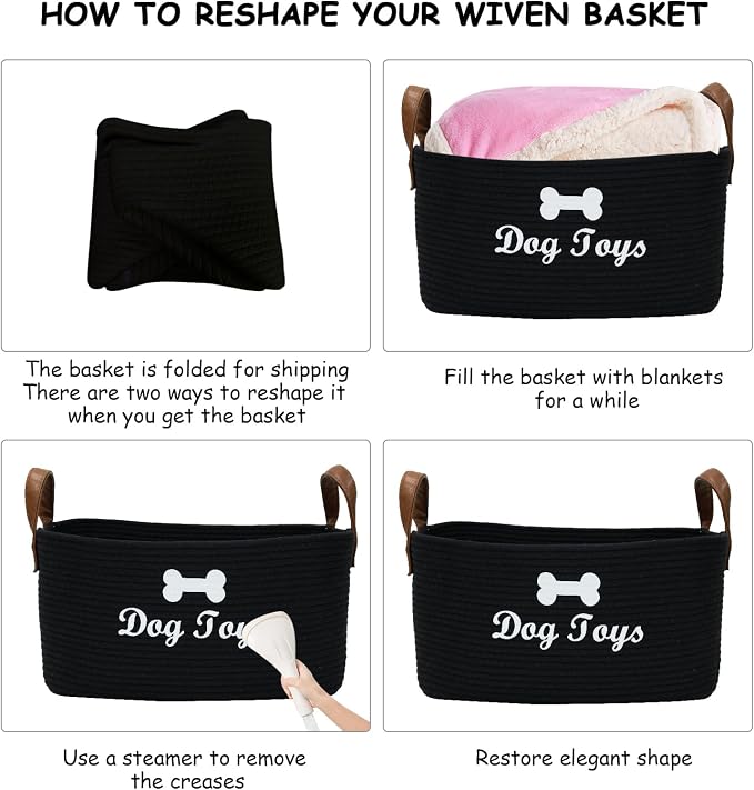Geyecete X-Large Cotton Rope Dog Basket with Leather handle Blanket Storage Basket Decorative Clothes Hamper Basket | Extra Large Baskets for Blankets or Laundry-Black