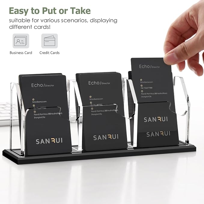 SANRUI Black Vertical Business Card Holder for Desk 3 Slot 1 Tier, Clear Acrylic Name Card Stand for Women and Men, Desktop Organizer Display for Office Home Exhibition - 180 Card Capacity 1 Pack