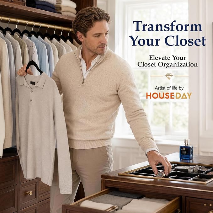 HOUSE DAY Black Velvet Hangers 60 Pack, Sturdy Non Slip Hanger Wrinkle-Free | Clothes Hangers with 360° Swivel Hook, Heavy Duty Slim Felt Hangers for Closet Space Saving, No Shoulder Bumps for Shirt-75g