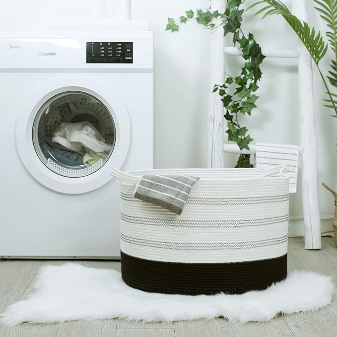 R RUNKA XXXLarge Cotton Rope Basket 22" X 22"X 14" Blanket Basket for Living Room Woven Basket Soft Baby Laundry Blanket Basket Nursery Bin Toy Basket with Handle White+Black