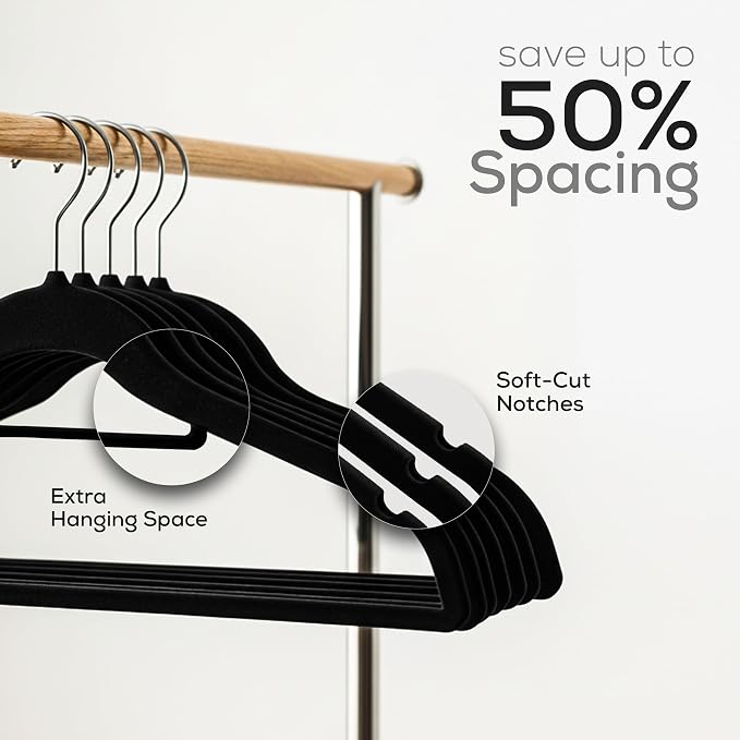 Utopia Home Velvet Hangers 100 Pack – Premium Hangers with Tie Bar - Black | Non-Slip Slim Clothes & Coat Hangers with Tie Bar, Space-Saving Heavy Duty Design, 360° Swivel Hook