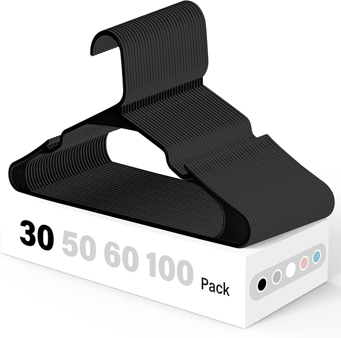 HealSmart Plastic Hangers 30 Pack, Space-Saving Clothes Hangers, Durable and Lightweight Hangers for Coats, Dresses, Shirts, Pants, Black