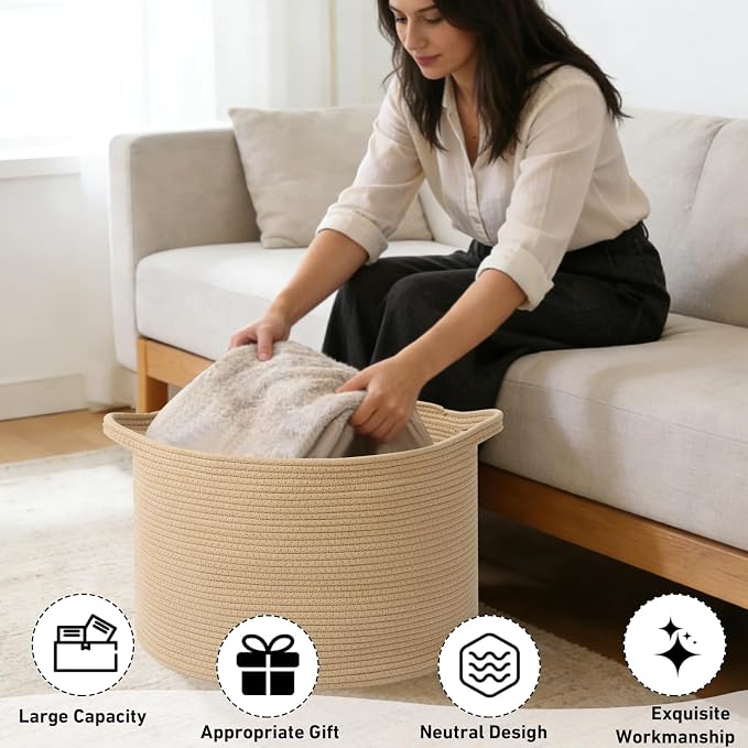 90L Extra Large Blanket Basket,Woven Rope Laundry Basket Hamper with Handles, Decorative Nursery Basket Storage Bin for Toys, Clothes Organizer, Living Room, Bedroom, Bathroom, Camel