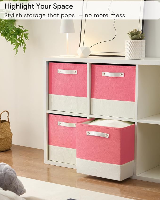 Cube Storage Bins | 13"x15"x13", Pink & White, 4 Pack | Multi-Size | 2X Thick Support Board | Vegan Leather Handles | 7.7 oz/yd² Fabric | Drawer Insert Basket Fits KALLAX