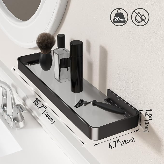 Danpoo 16-Inch Wall Shelf, Clear Tempered Glass with Matte Black Aluminum Frame – Sleek Floating Bathroom Organizer