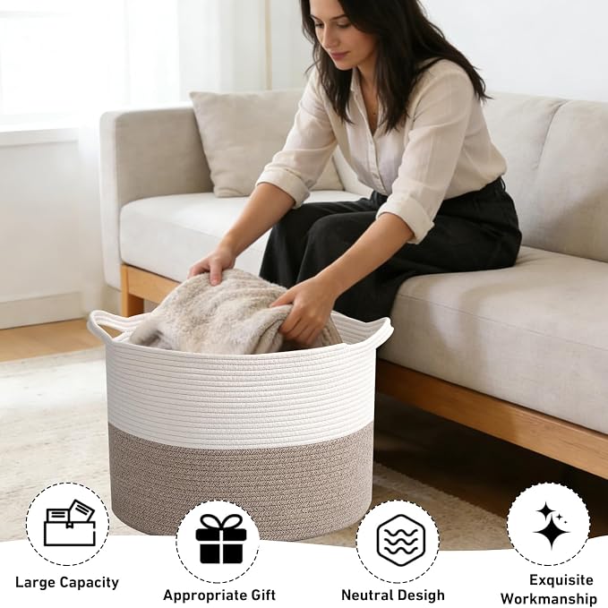 Large Woven Blanket Basket,65L Cotton Rope Laundry Basket Hamper with Handles, Decorative Nursery Basket Storage Bin for Toys, Clothes Organizer, Living Room, Bedroom, Bathroom, White & Brown