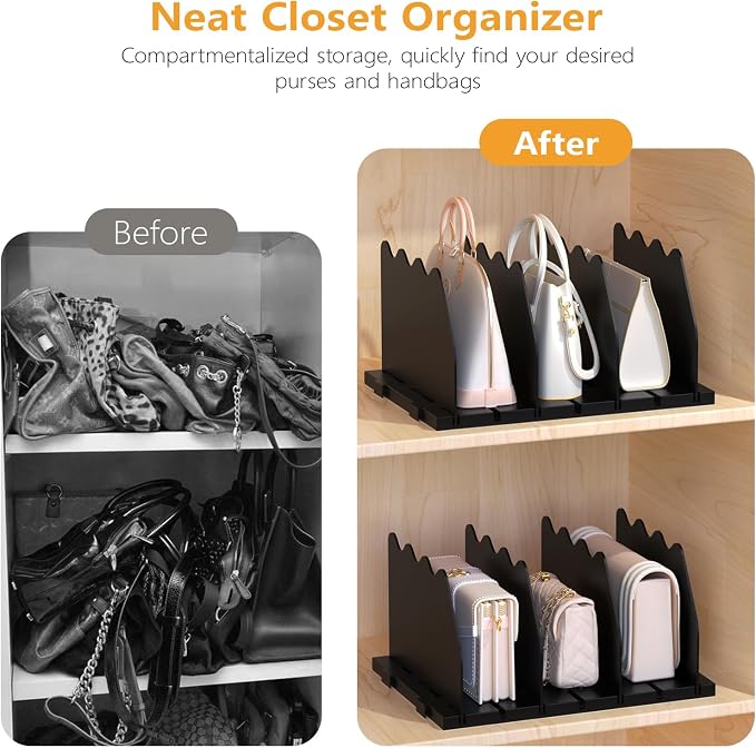 Ronlap Purse Storage Organizer for Closet Black Shelf Dividers Rack, 4 Pack | Black separators keep handbags, totes, clutches & purses upright & visible on shelves for closet storage and organization