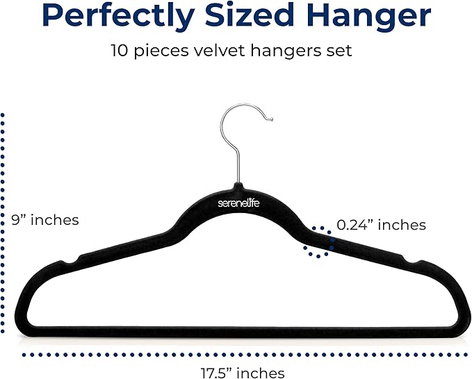 SereneLife Velvet Hangers – 10 Pack, Slim & Space Saving for Closets | Soft velvet grip prevents slipping on silk, satin & knitwear – 360° swivel hook fits all standard closet rods