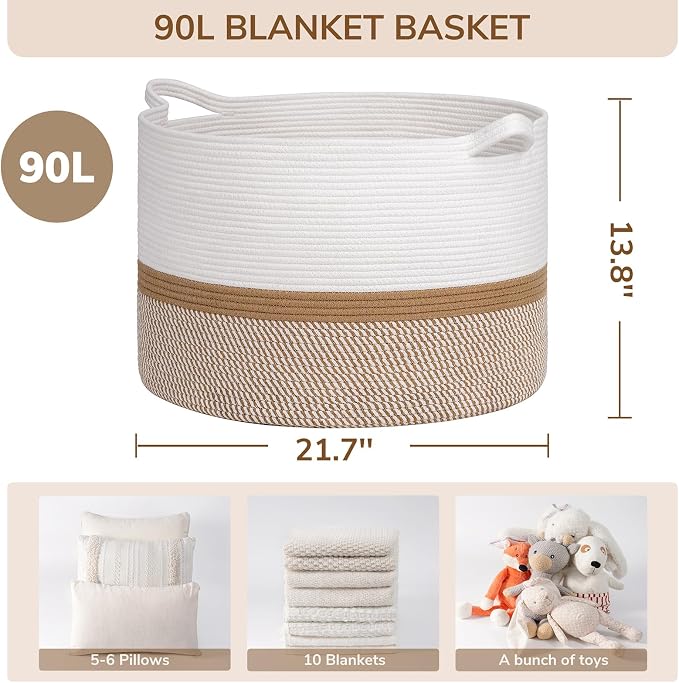INDRESSME XXXLarge Cotton Rope Basket 21.7" x 21.7" x 13.8" Woven Baby laundry Blanket Basket for Home Decor Living Room Nursery, Toy Storage Baskets for Kids Boys Girls, White & Camel Mix