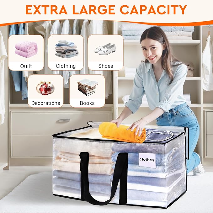 HomeHacks Clear Moving Bags Heavy Duty 8 Pack, Storage Bags with Zipper, Extra Thick Handles & Waterproof Packing Boxes for Moving, Camping, Home Organization 76L/20Gal (28.7"x11.8"x13.8")